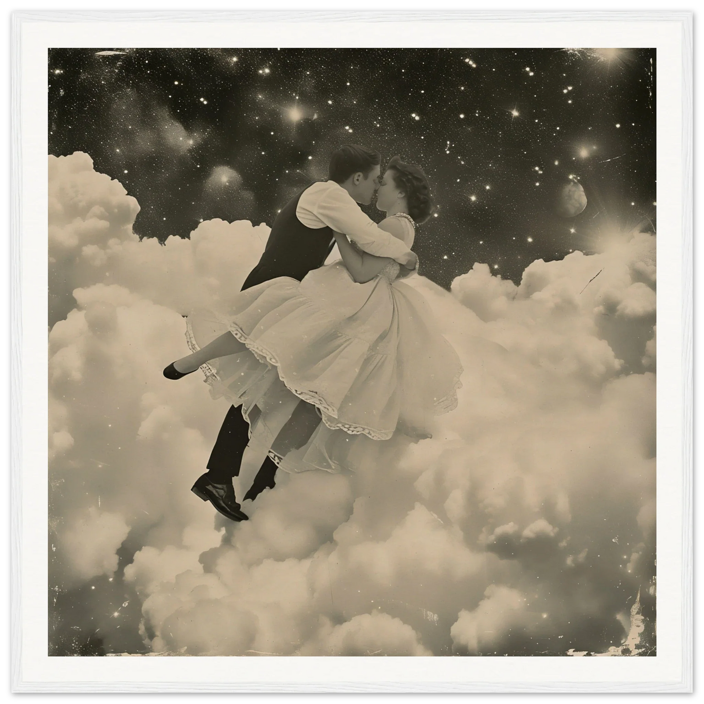 Couple in vintage clothes dancing in clouds, featured in Eternal Cosmic Swoon art