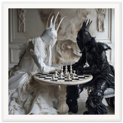 Two ornate figures in black and white attire playing chess in Ethereal Minds’ Duel art