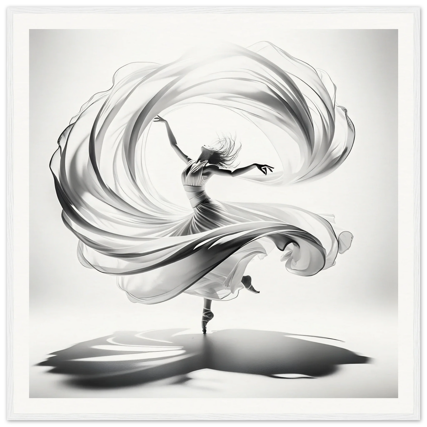 Dancer in flowing fabric spirals on one foot in Ethereal Vortex Symphony framed poster