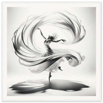 Dancer in flowing fabric spirals on one foot in Ethereal Vortex Symphony framed poster