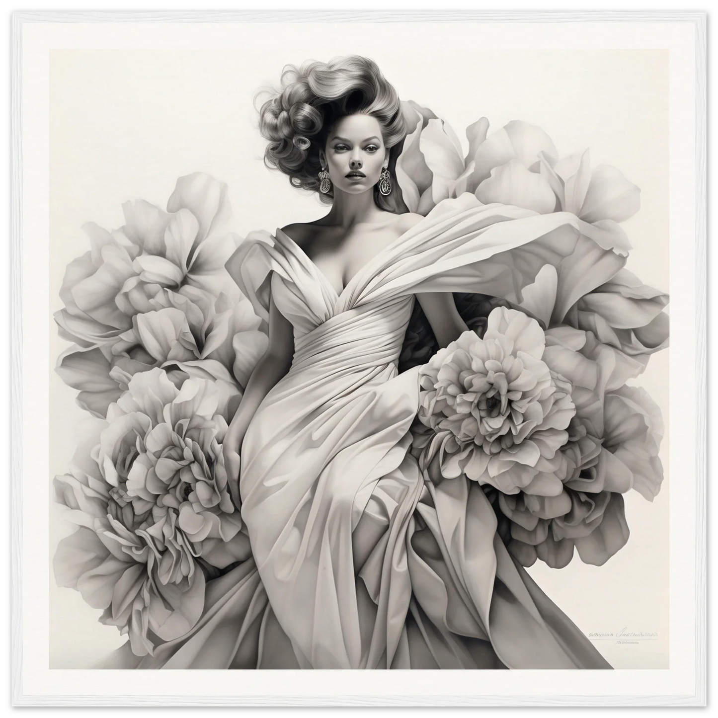 Stylish black and white image of Gown Enveloped Blossoms with peony blooms