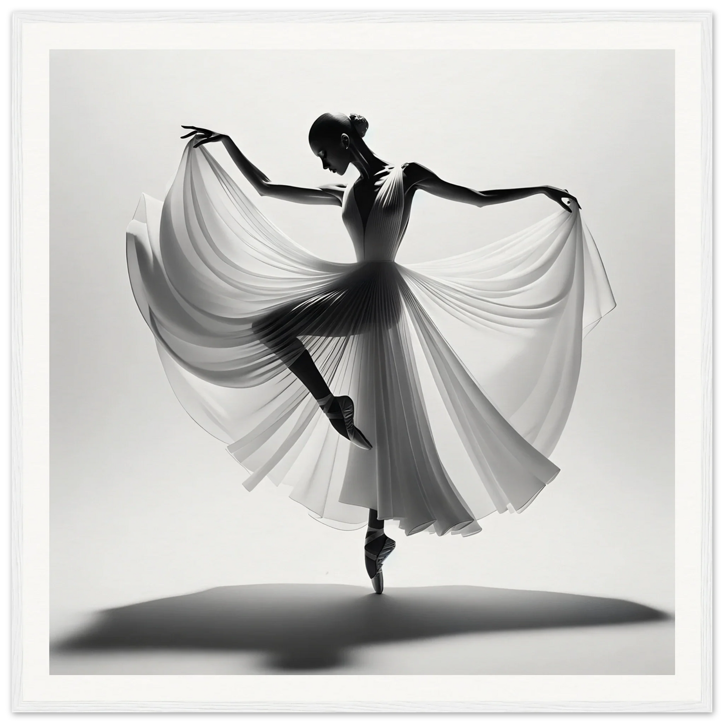 Graceful ballet dancer en pointe with flowing fabric in Graceful Ballet Silence framed poster