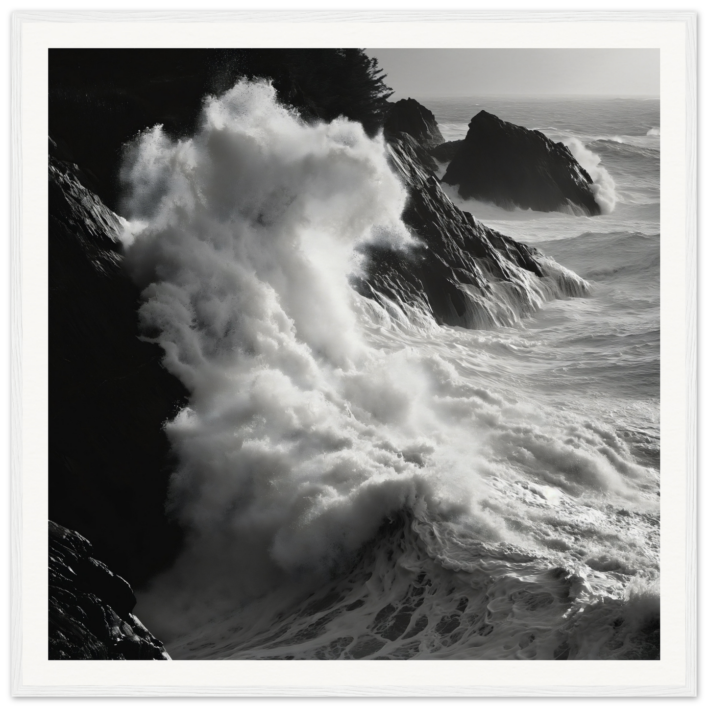 Powerful ocean waves crashing against rocky cliffs in a museum-quality black seascape framed poster