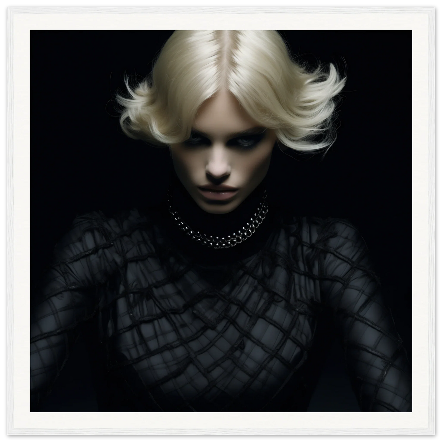 Dramatic portrait of Luminous Gothic Whispers with platinum blonde hair and dark style