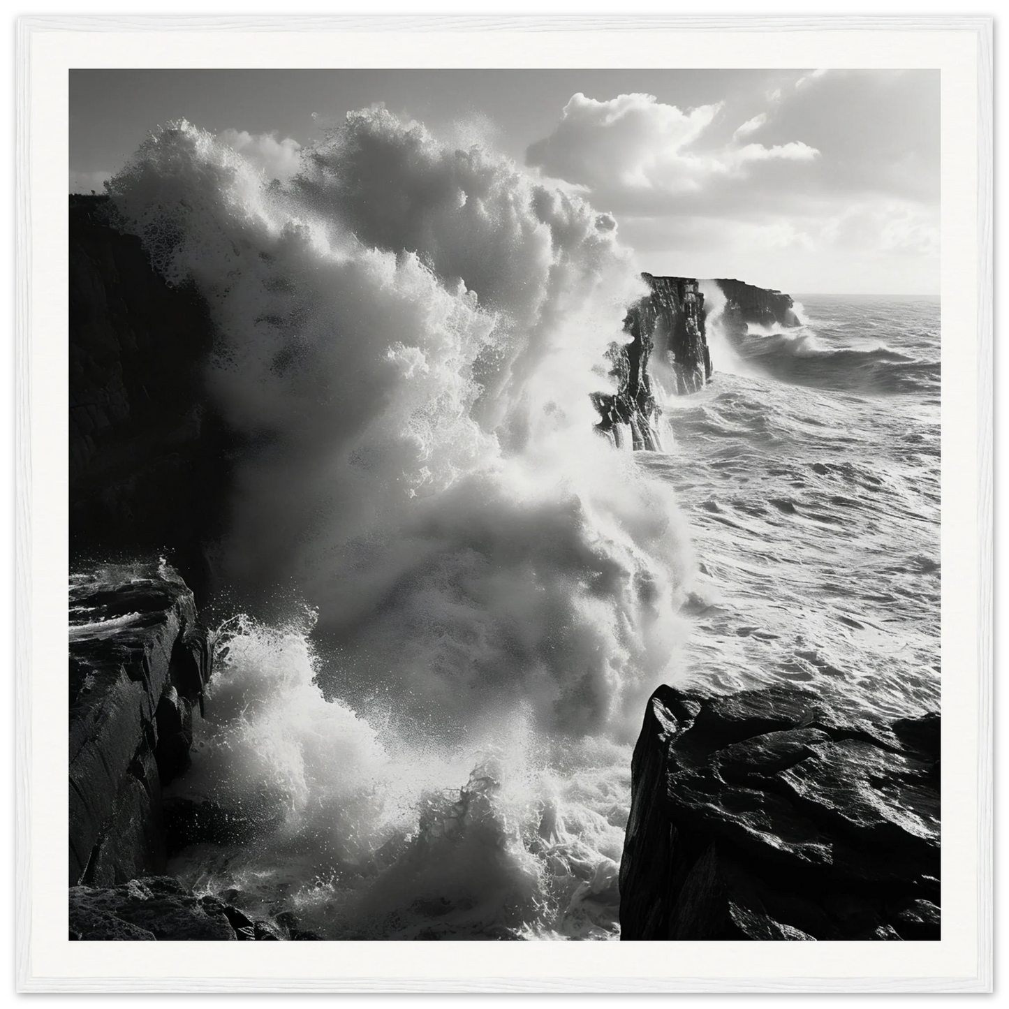 Dramatic ocean waves crashing on cliffs in Majestic Tempest Dance framed art