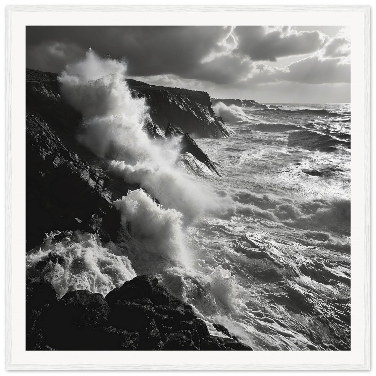 Powerful ocean waves crash on rocky cliffs in Mystic Tempest Waltz framed poster