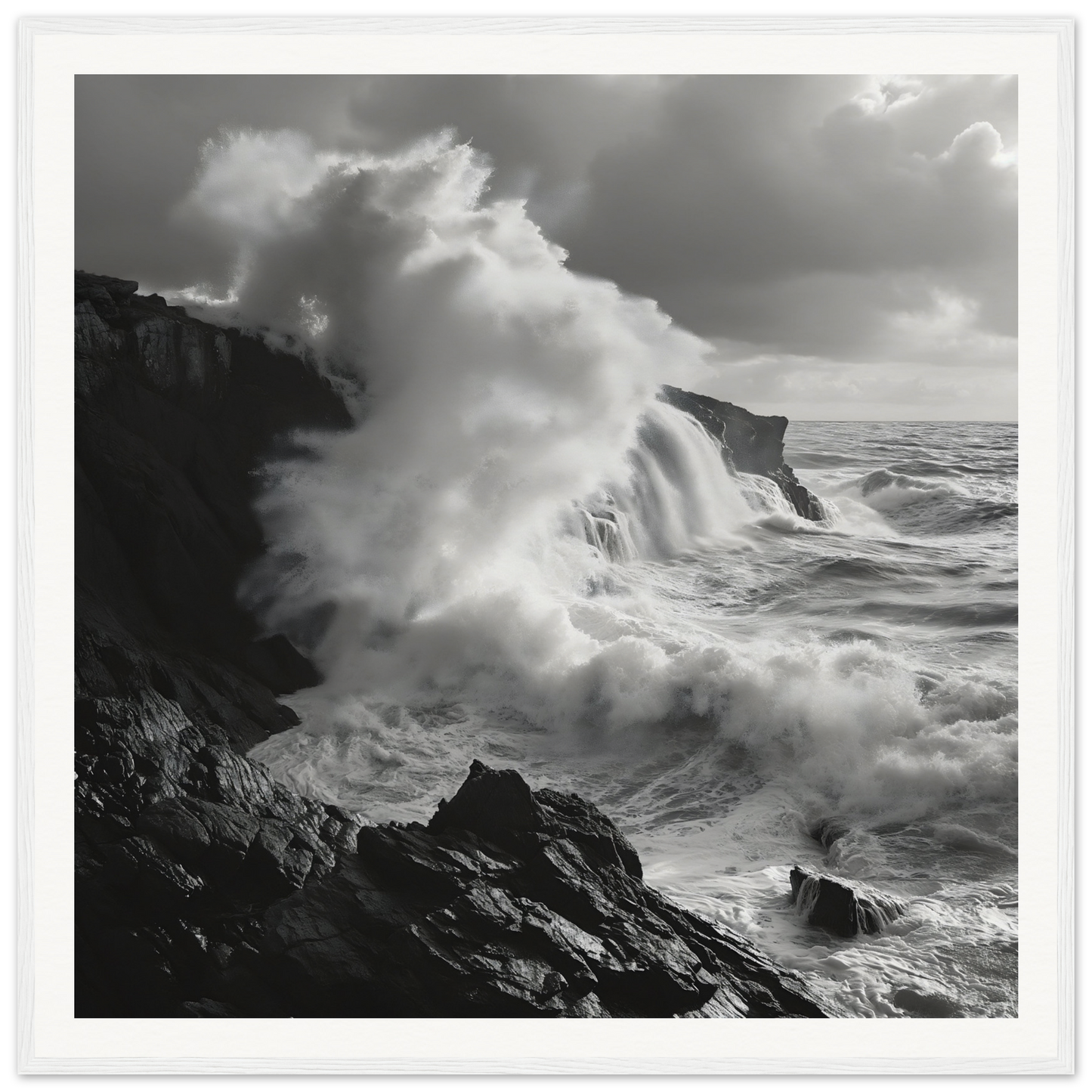 Powerful ocean waves crash on rocky cliffs in Nature’s Whispered Conquest special edition art™