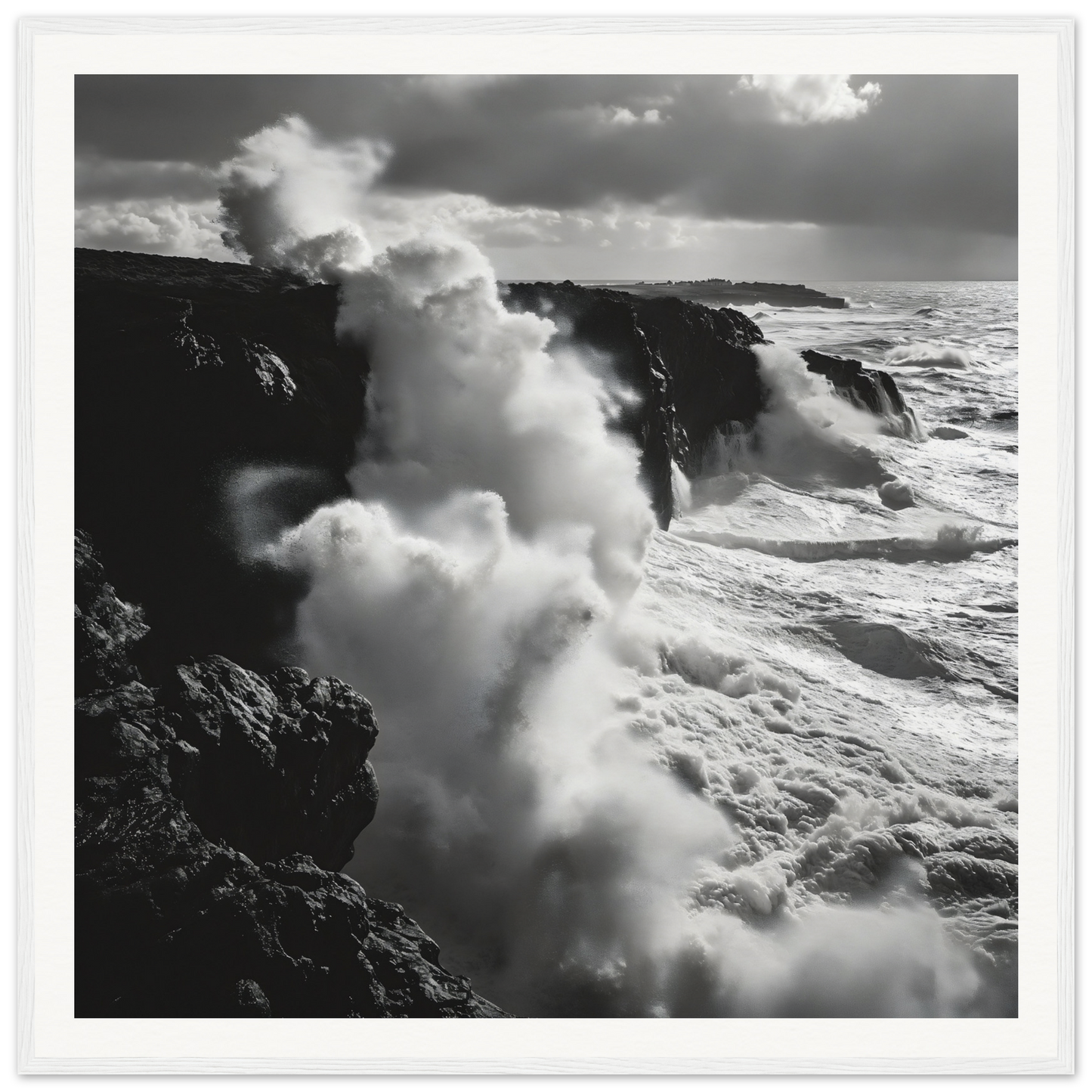 Powerful ocean waves crash against cliffs in Ocean Roars Symphony framed poster