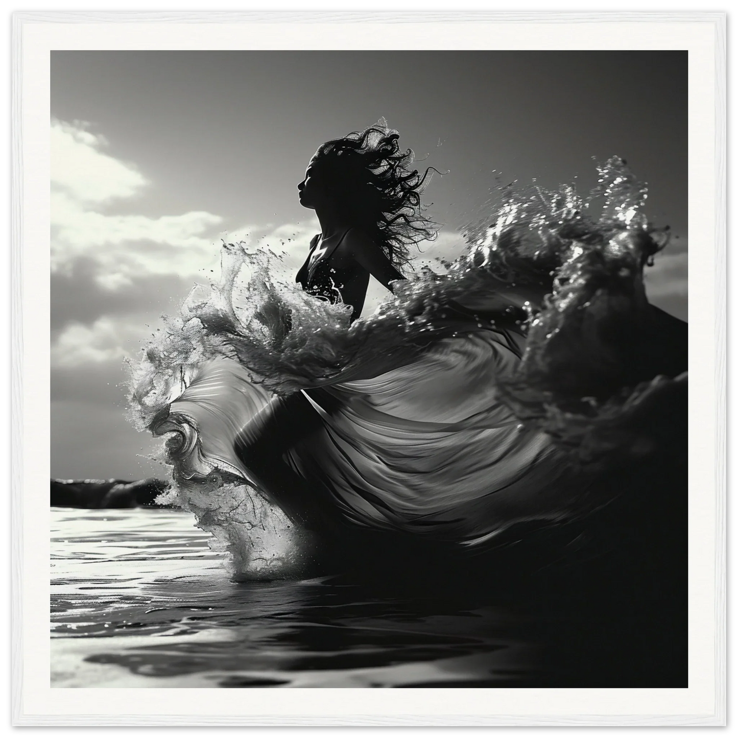 Dramatic wave crashing against dark water in Ocean’s Dancer Serenity art piece