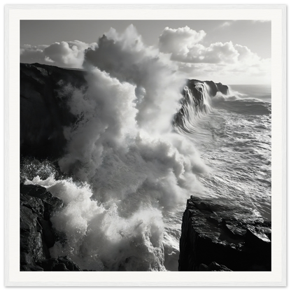 Powerful ocean waves crash against dark cliffs in Ocean’s Mighty Whisper art