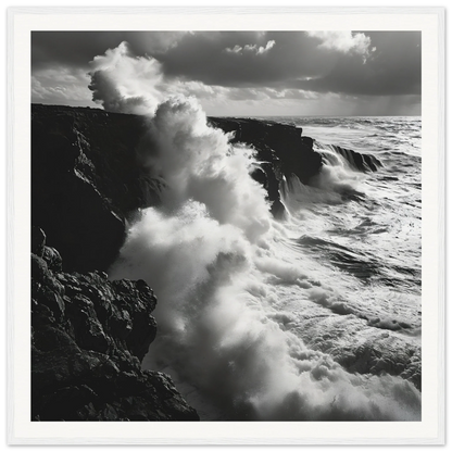 Powerful ocean waves crash on cliffs in Ocean’s Rhapsody Reflections art piece