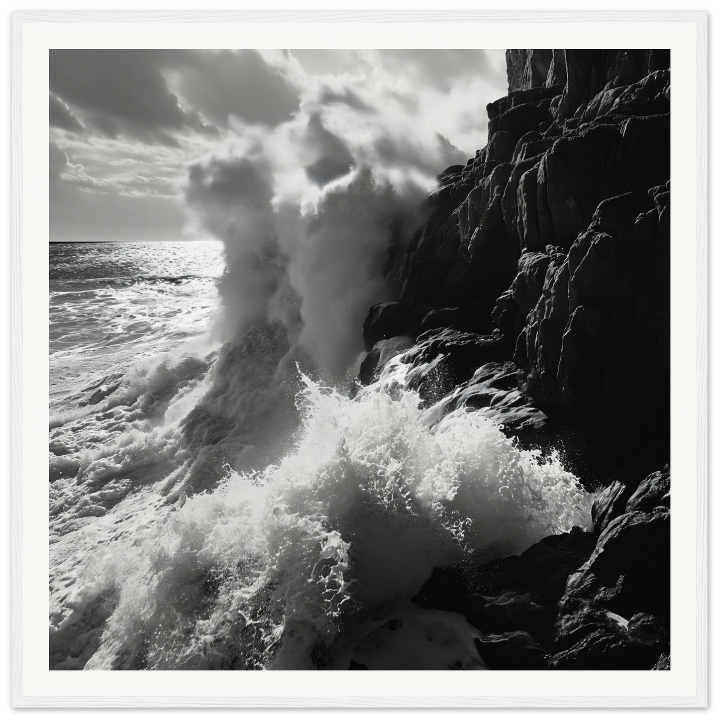 Powerful ocean waves crash against cliffs in Ocean’s Unyielding Fury art print