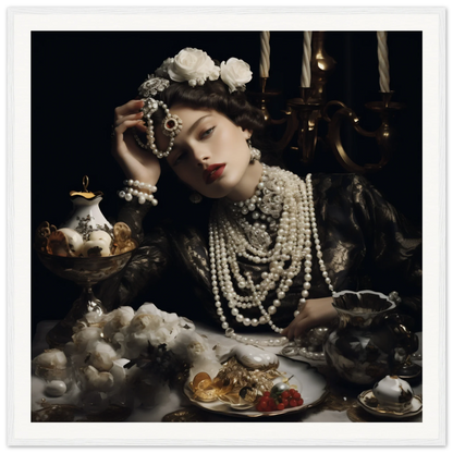 Dramatic vintage portrait of opulence’s quiet soul with pearls, roses, and tea setting