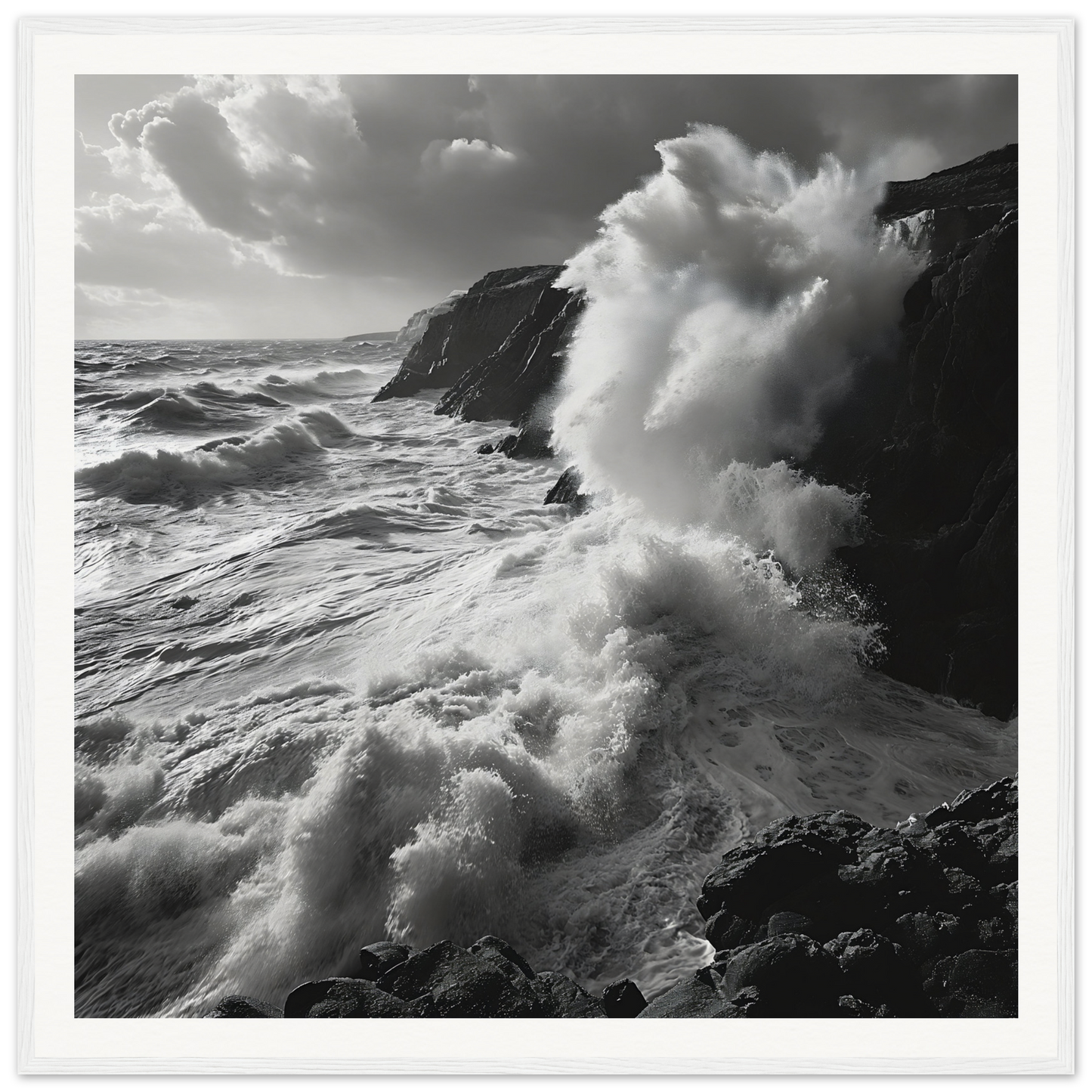 Dramatic ocean waves crashing on cliffs in Primal Ocean Symphony framed masterpiece