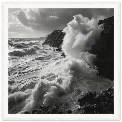 Dramatic ocean waves crashing on cliffs in Primal Ocean Symphony framed masterpiece