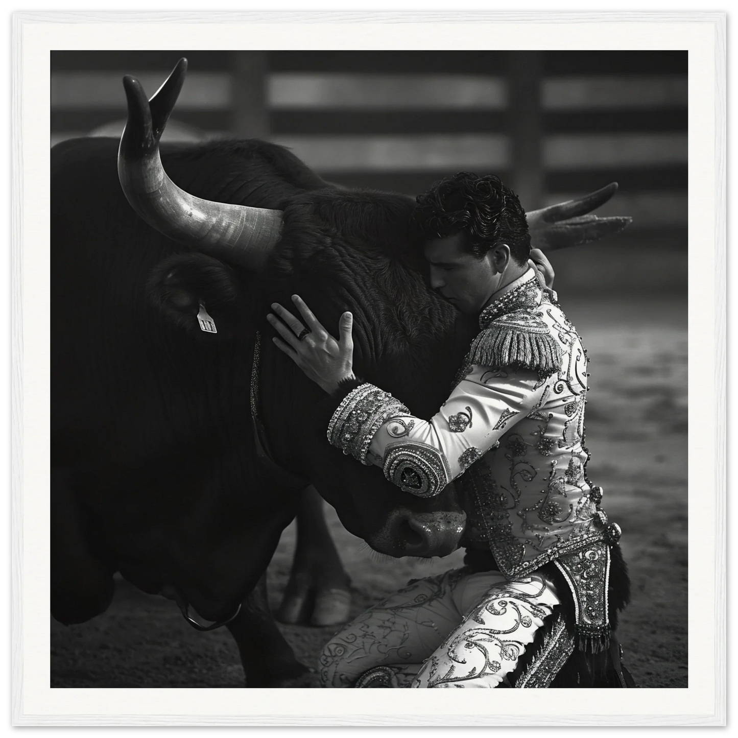 A matador in a stunning embroidered suit facing off with a bull for Quiet Matador Whisper