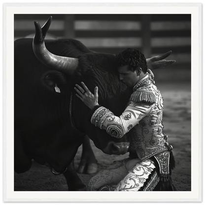 A matador in a stunning embroidered suit facing off with a bull for Quiet Matador Whisper