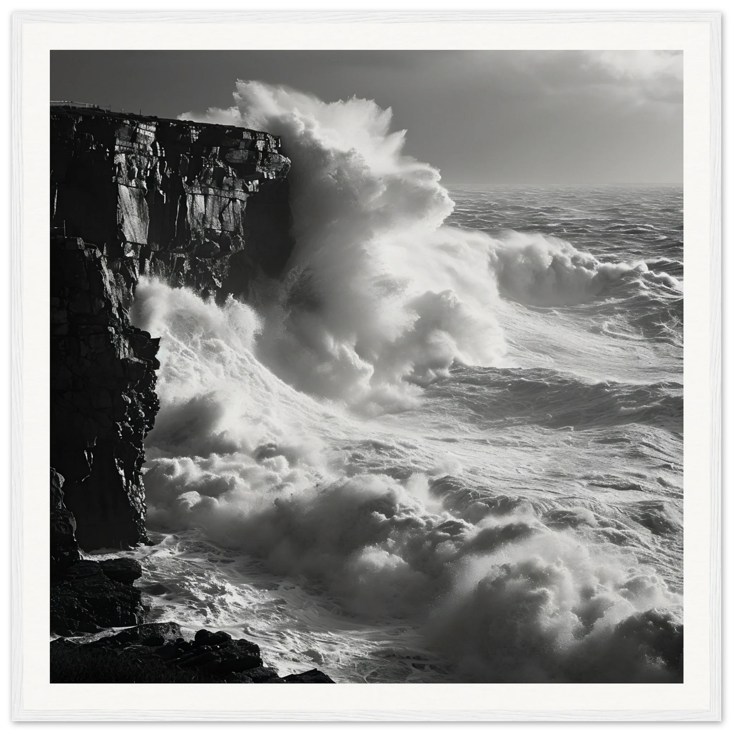 Powerful ocean waves crash against a cliff in Relentless Ocean’s Ballet framed poster