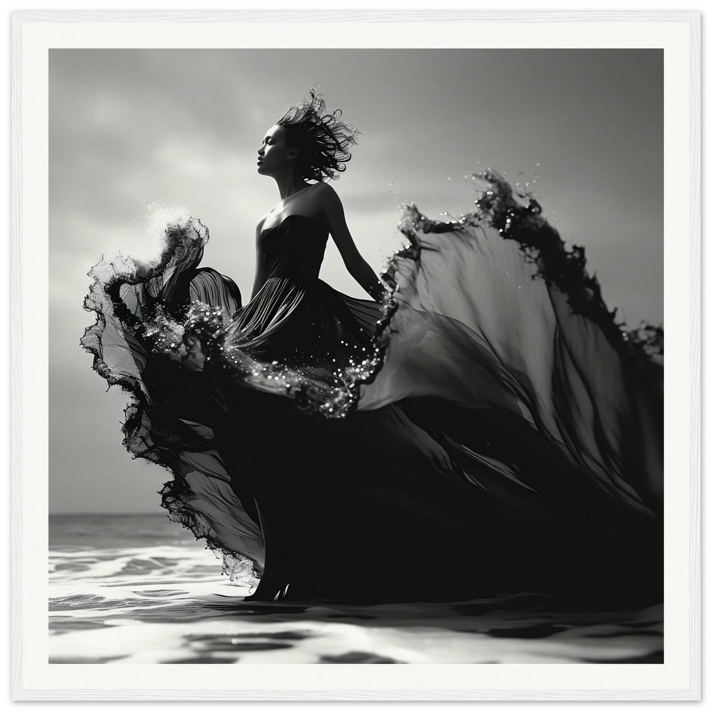 Silhouetted figure in a black dress in motion for Sea Elegance Ascends art print