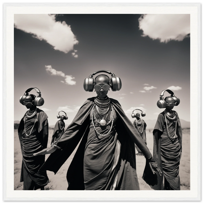 Figures in traditional African dress and modern headphones in Serengeti Space Odyssey art