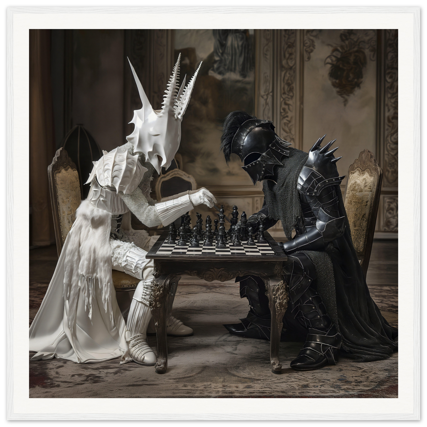 Two armored fantasy figures engaged in a Serpentine Strategists Duel over chess