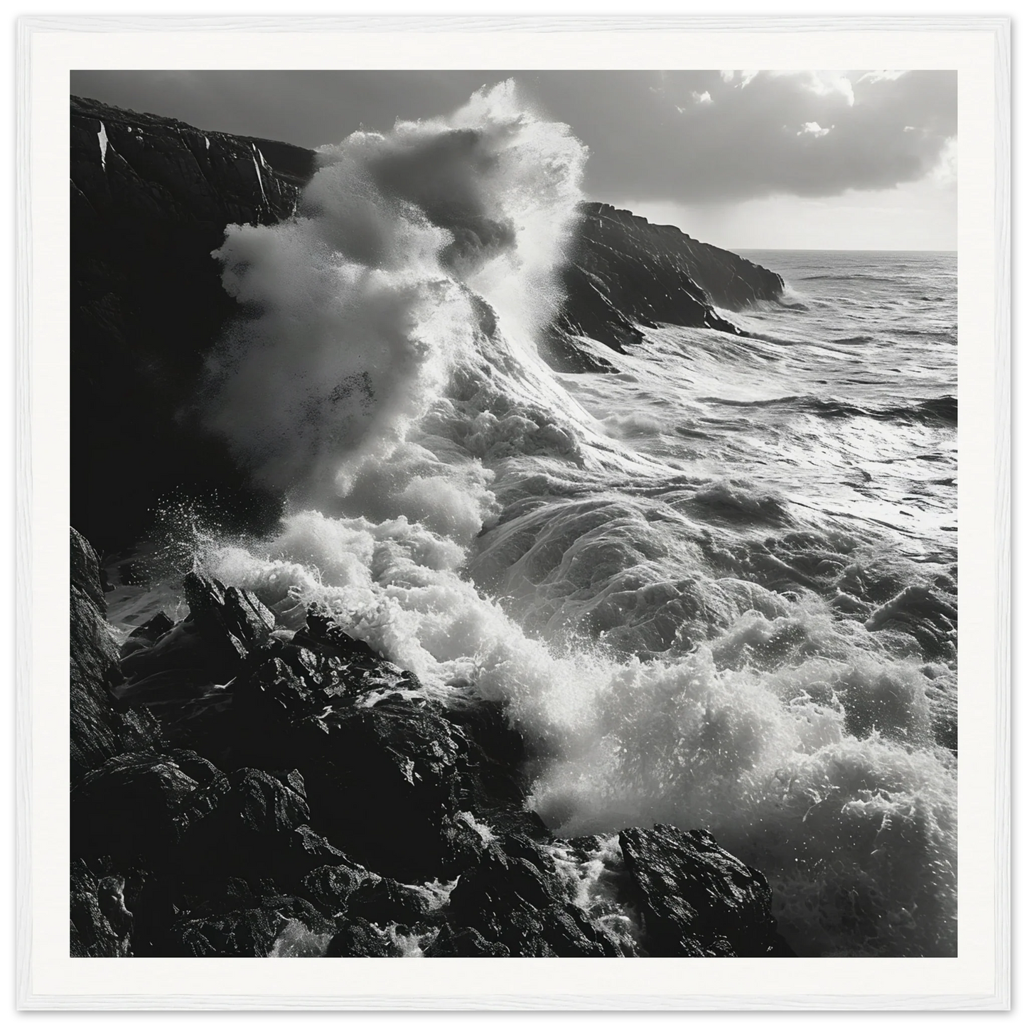 Powerful ocean waves crash against rocky cliffs in Sinous Tidal Symphony art piece