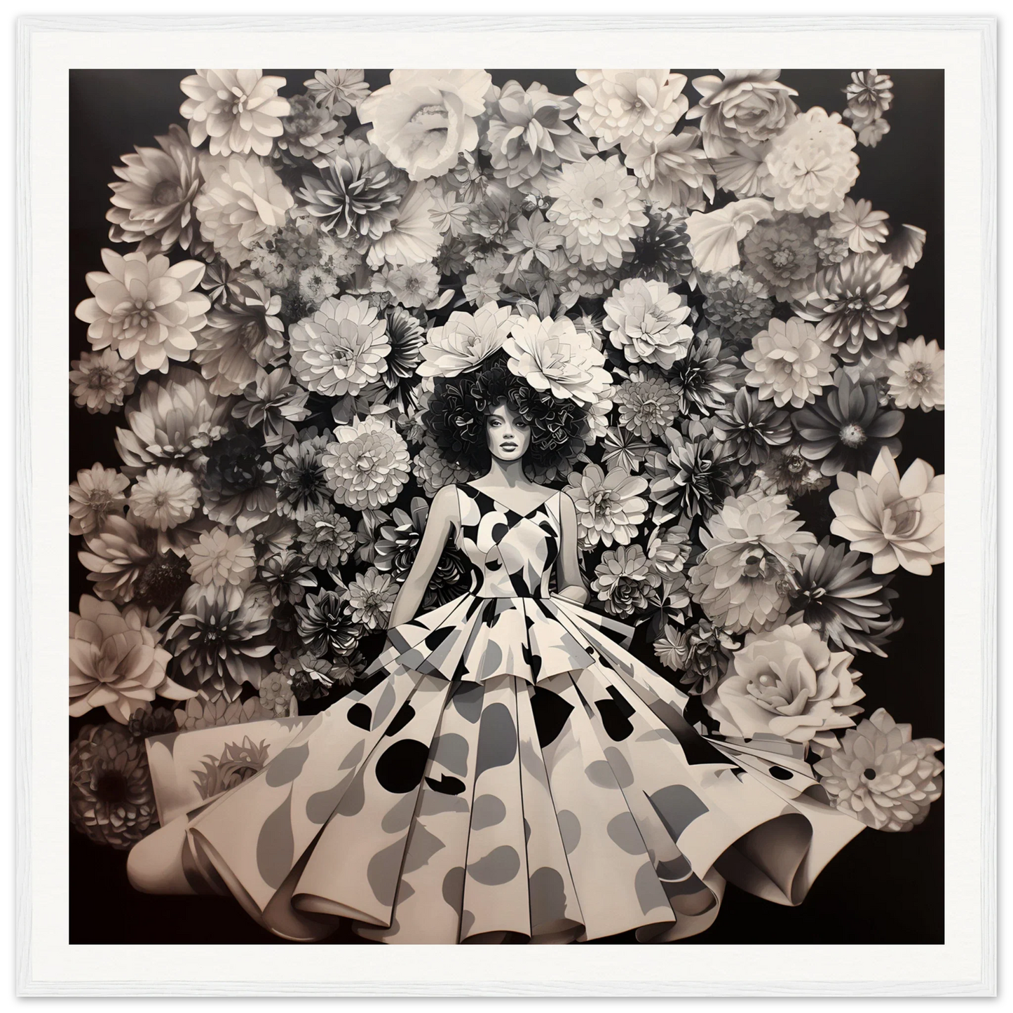 Polka dot ballgown with a full skirt in front of a museum-quality floral backdrop