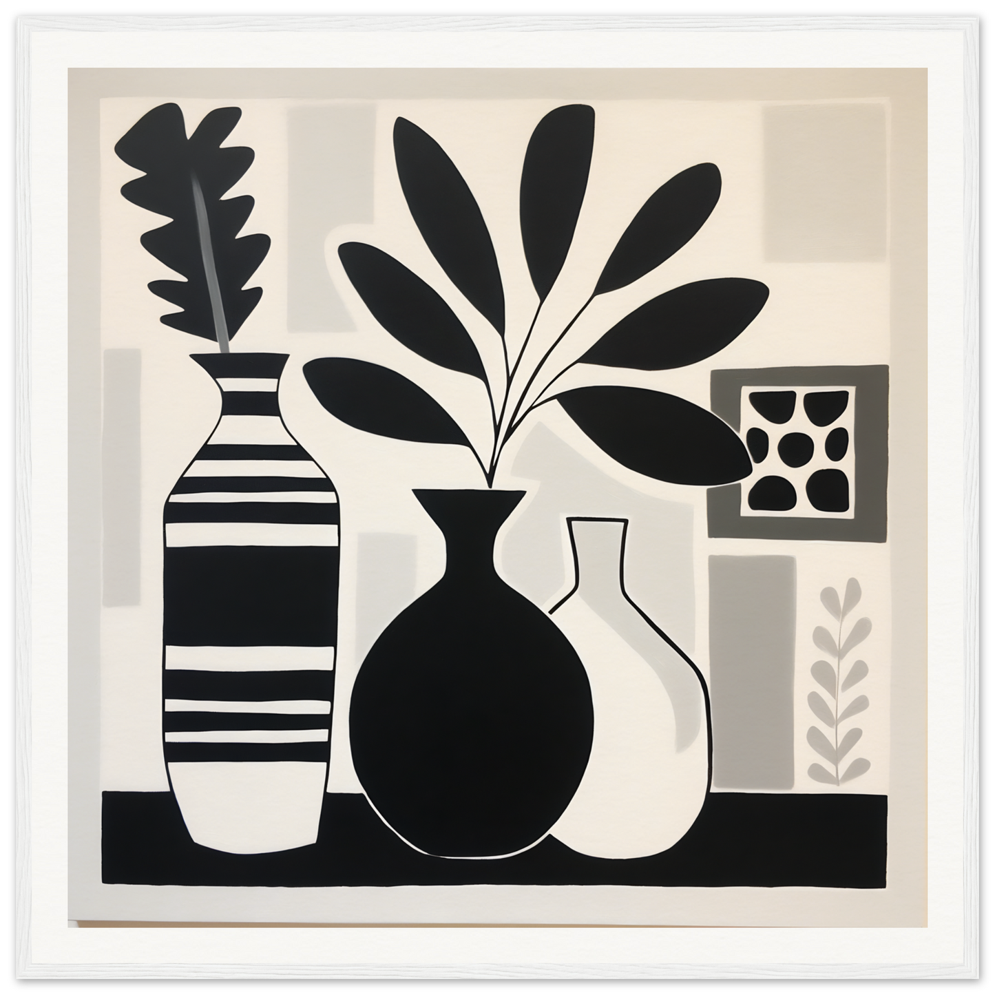 Black and white still life of vases with plants for Stillness Serenade Meditations