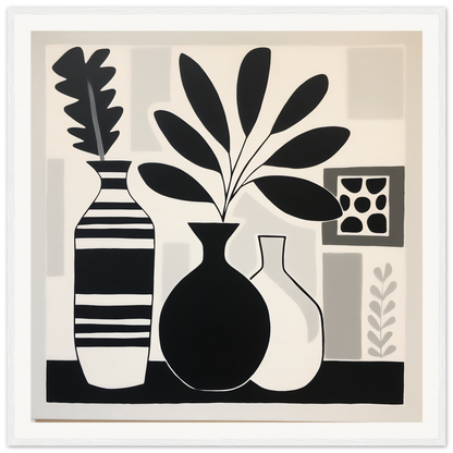 Black and white still life of vases with plants for Stillness Serenade Meditations