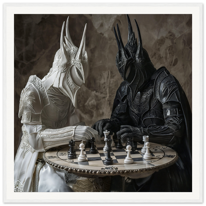 Two armored figures in light and dark playing chess for Strategic Armor Delusion poster