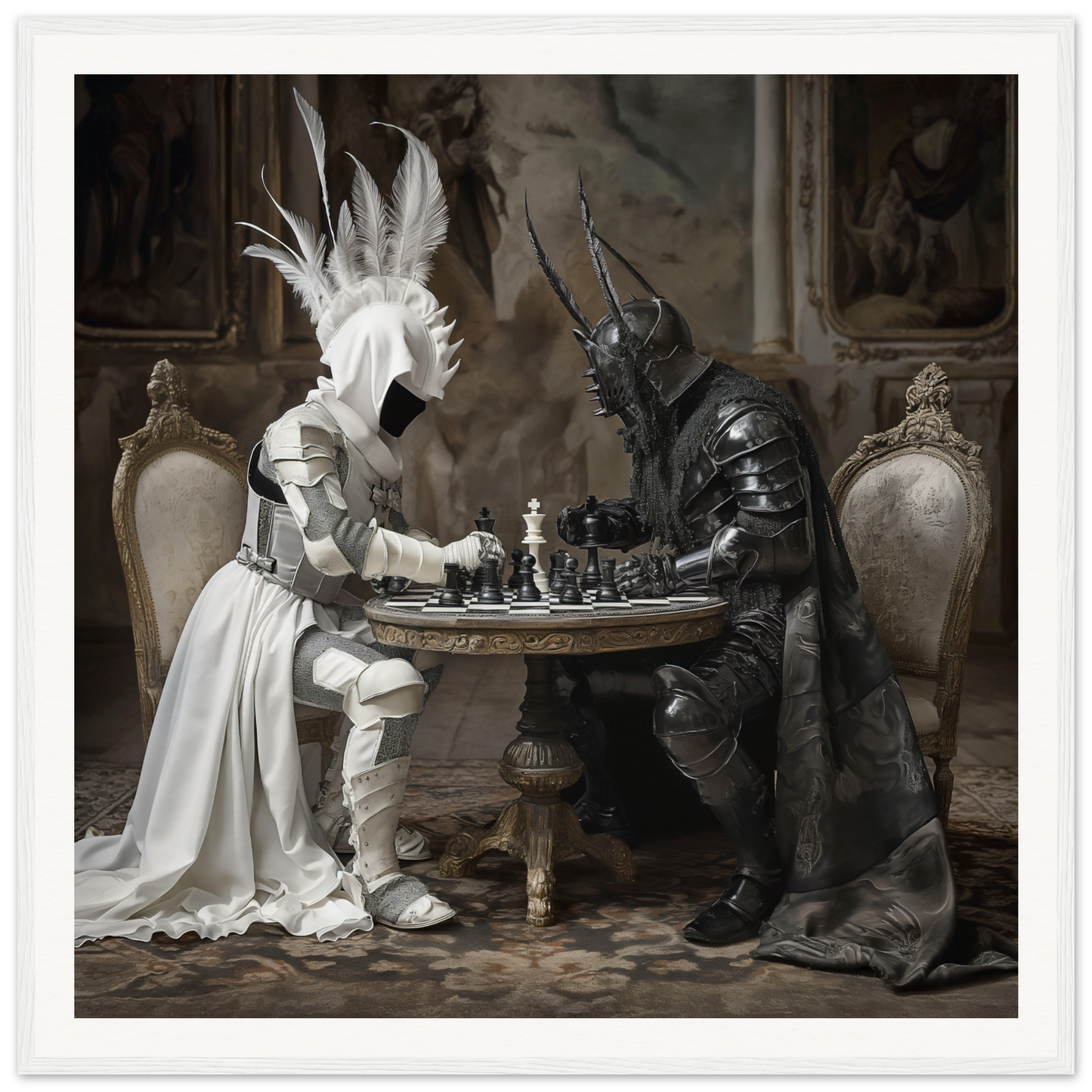 Two armored figures playing chess at an ornate table in Strategic Enigma Echoes art