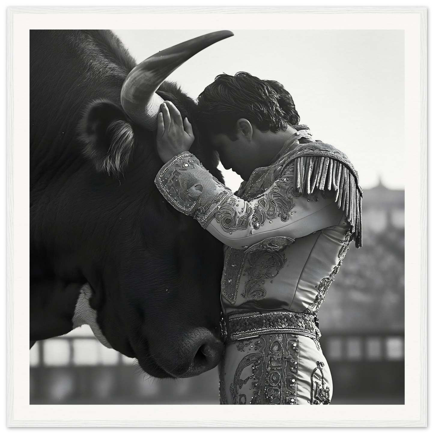 Matador in an ornate suit embracing a bull’s head for Sul T Toreador’s Reverie art™