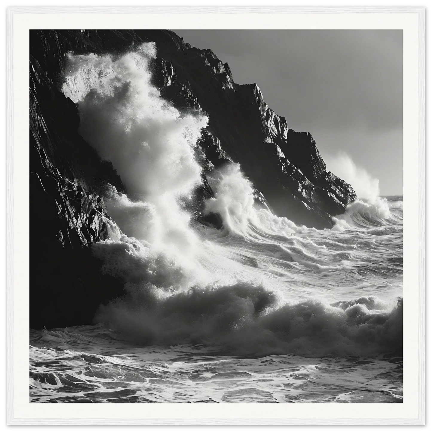 Powerful ocean waves crash on a rocky cliff in Tidal Unfurl Dance framed wall art