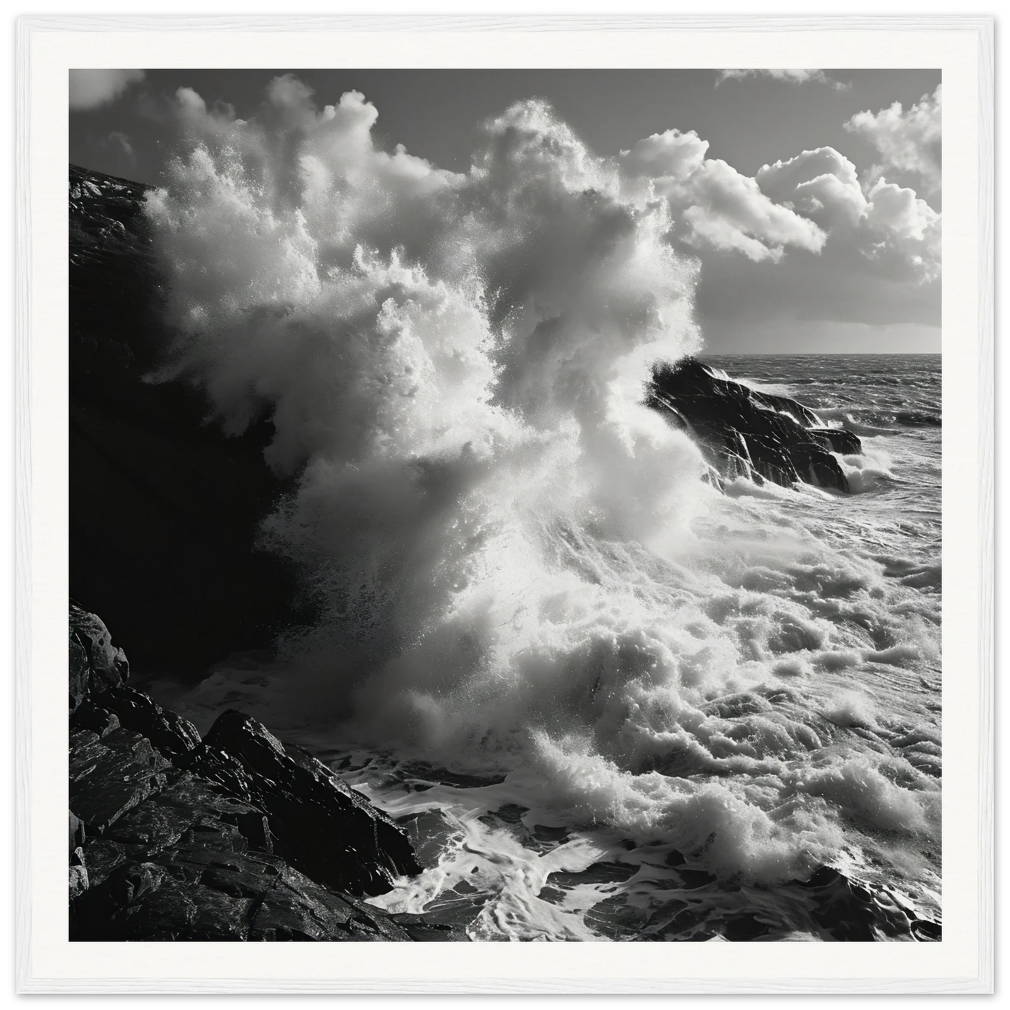 Powerful ocean wave crashing on cliffs for Tide’s Judgement Hour premium framed art