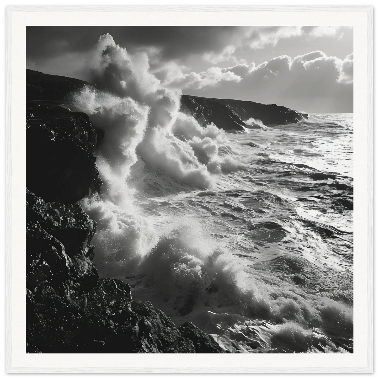 Powerful ocean waves crashing on cliffs in Tide’s Tumult Saga premium framed art