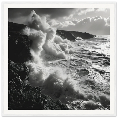 Powerful ocean waves crashing on cliffs in Tide’s Tumult Saga premium framed art