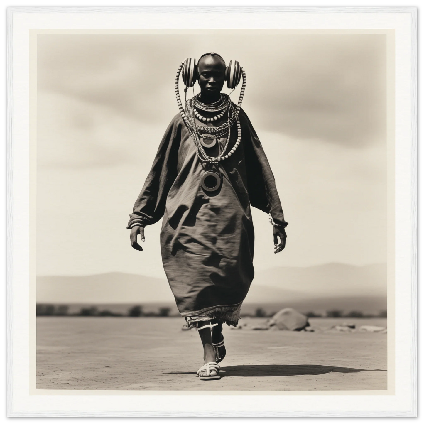 Person in traditional African dress and beaded jewelry for Timeless Tribal Steps art