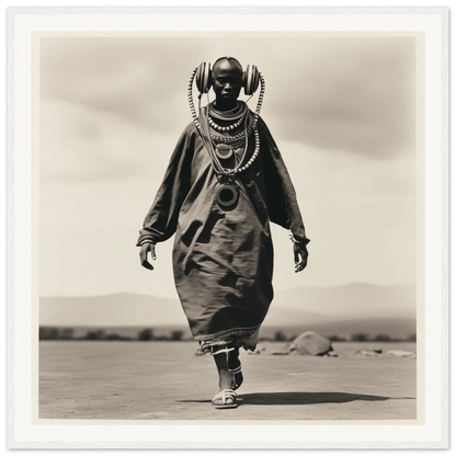 Person in traditional African dress and beaded jewelry for Timeless Tribal Steps art