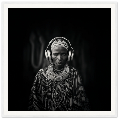 Striking black and white portrait of tribal attire with modern headphones for Tribal Why-Fi