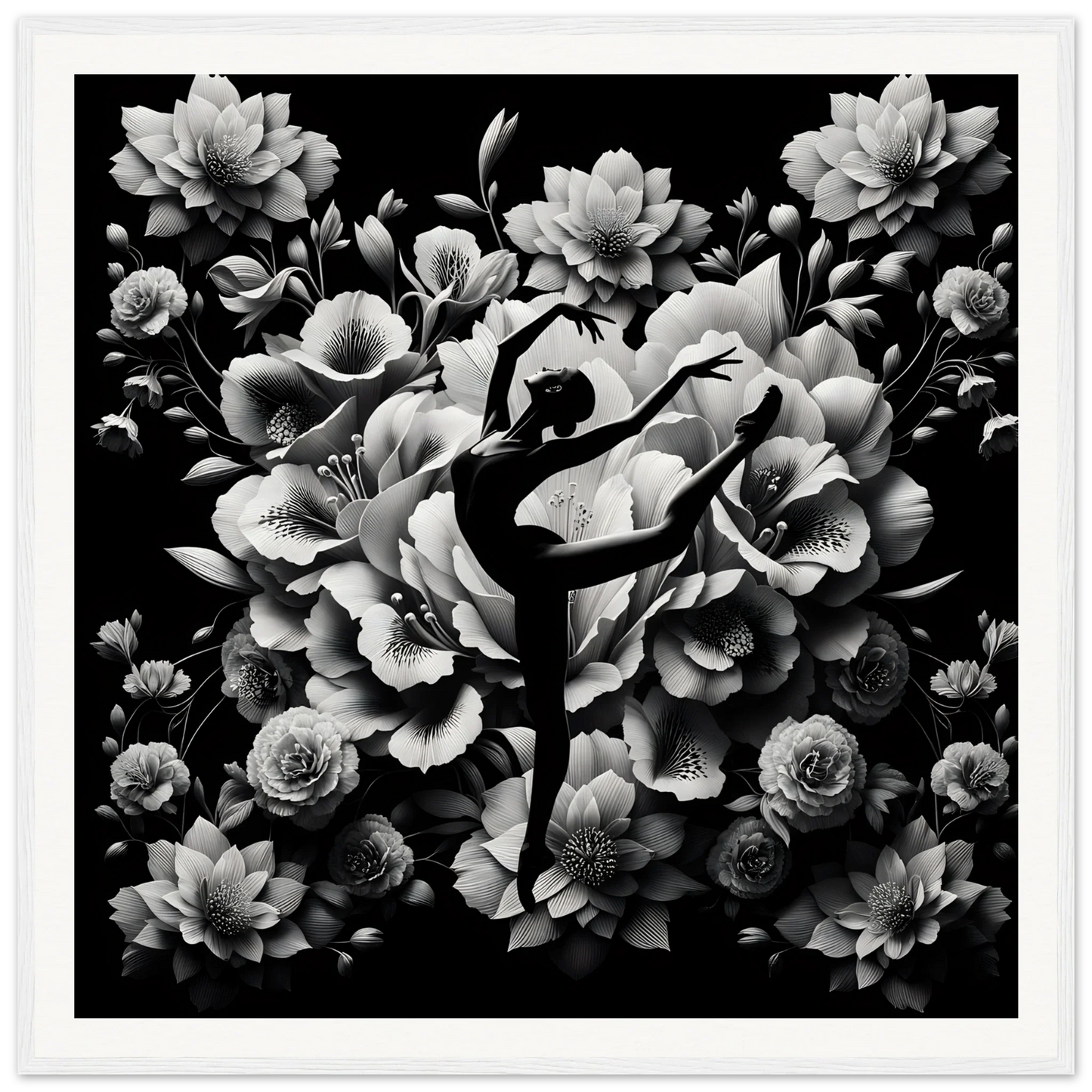 Silhouette of a ballet dancer in an arabesque pose with flowers in Waltzing Bloom Synthesis