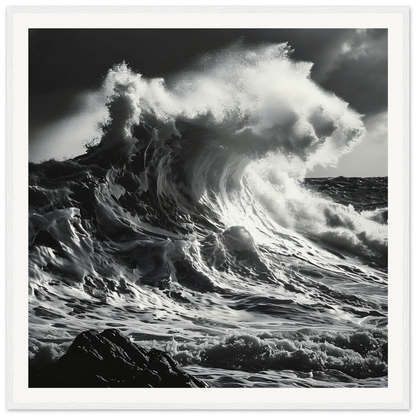 Ocean wave crashing on rocks in Wave’s Fury Howl framed wall art special edition