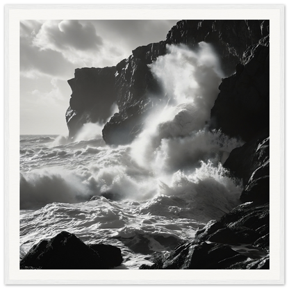 Dramatic black and white ocean waves crashing on cliffs in Waves’ Wild Gambit framed wall art