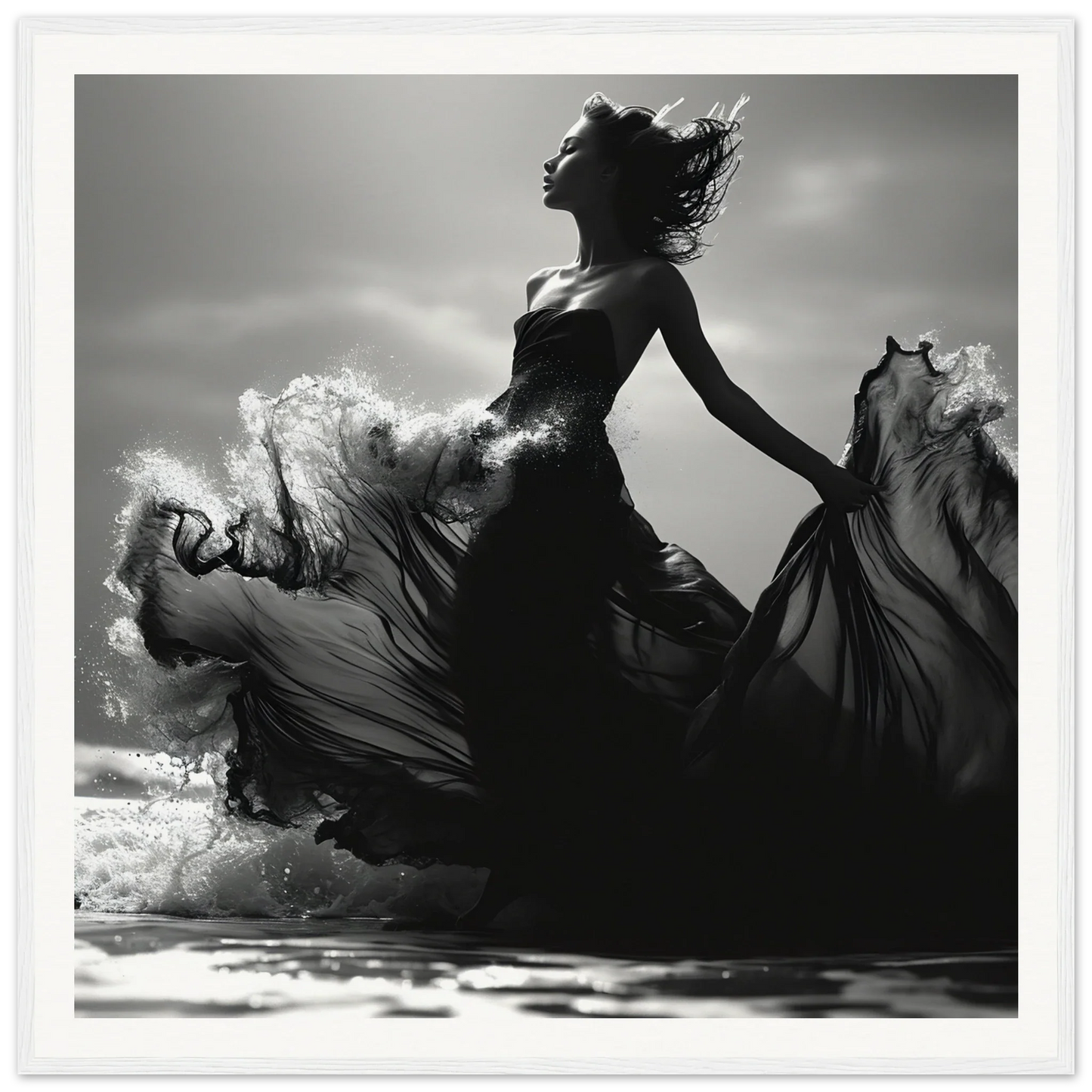 Silhouetted dancer in flowing black dress, embodying Wavewoven Elegance Manifestation