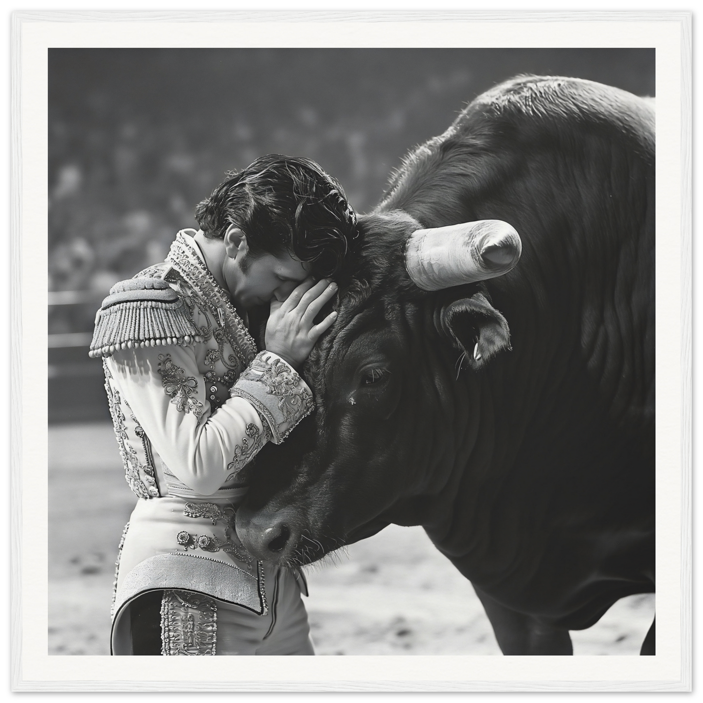 Matador in ornate uniform pressing head against bull’s face, framed wall art special edition art™