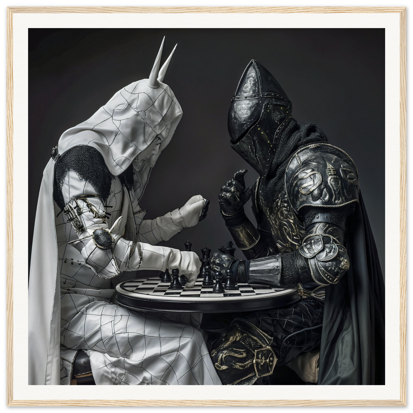 Dramatic chess match in Armored Minds Duel art with medieval armored figures