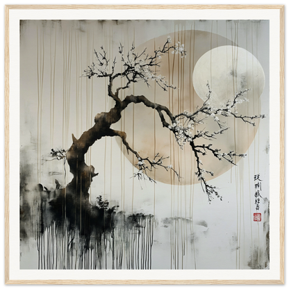 Twisted cherry blossom tree branch under a full moon in Blossoms Cosmic Serenade art