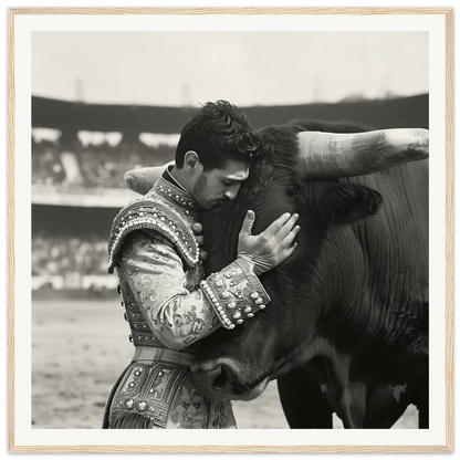 Matador in ornate suit tenderly embraces bull’s head, Bovine-passo Solo framed art