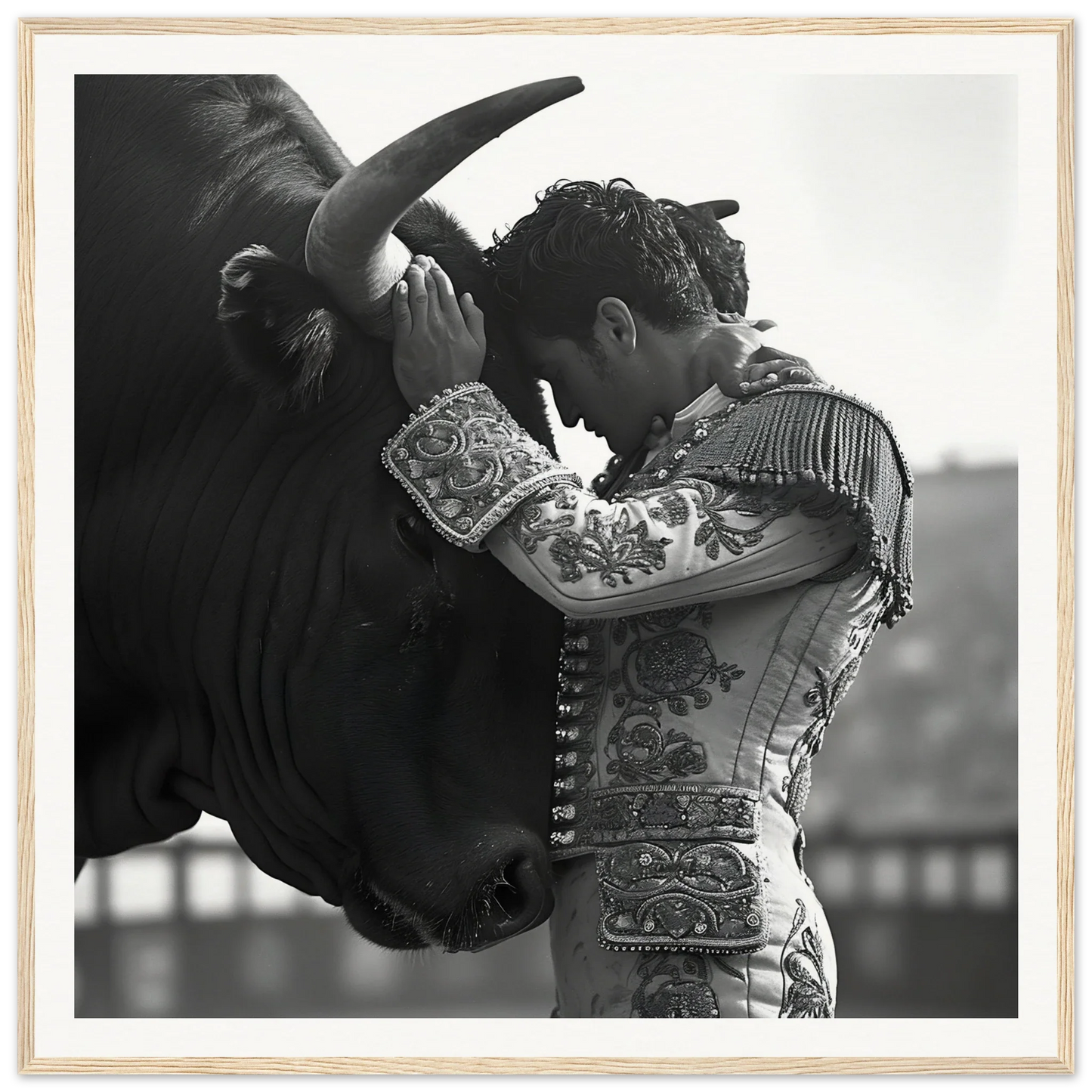 Matador in ornate suit pressing forehead to bull’s head from Bull’s Forehead Commune art