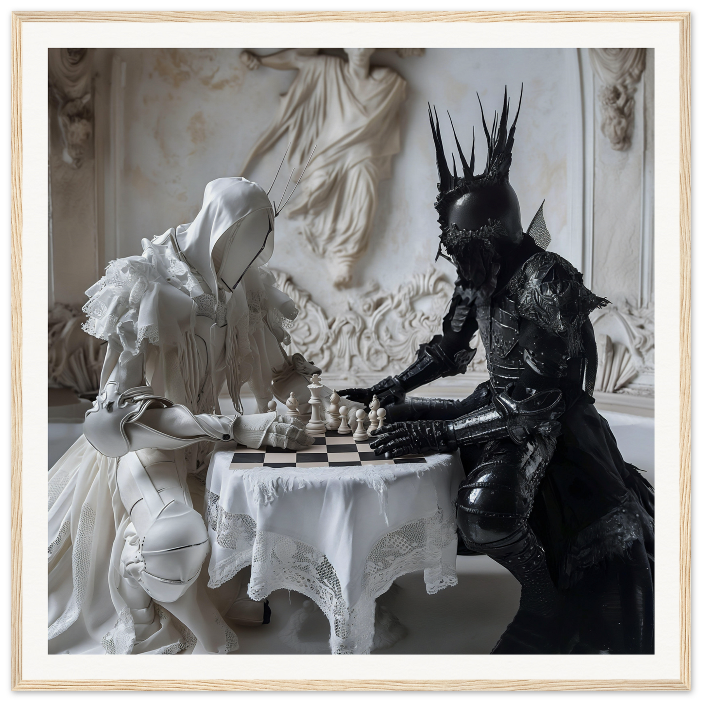 Two chess pieces in white and black armor at a lace table in Chess Rhapsody Duality