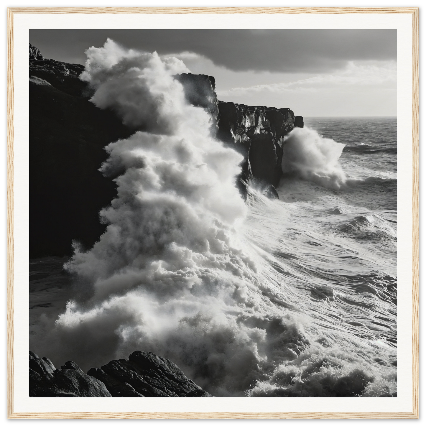 Powerful ocean waves crashing on cliffs in Cliffs’ Chaotic Ballet seascape art